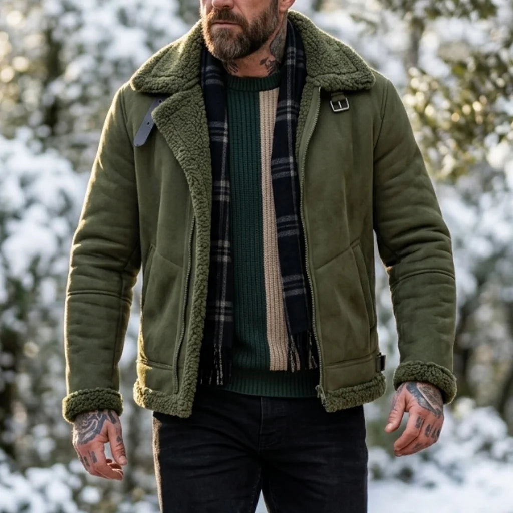 Herren-Winterjacke aus Kunstwildleder mit Fellkragen |   Winddichter Streetwear-Mantel mit Gürtel und Reißverschluss |   Dicke, warme Wanderkleidung für den Außenbereich, weich, für Herren