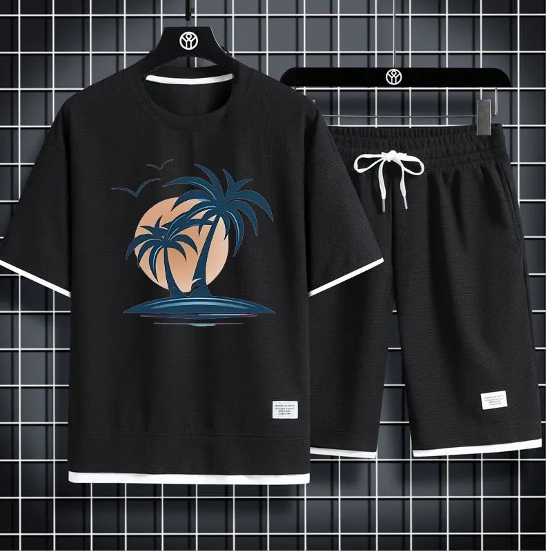 2023 sommer männer Sport Set Casual T-Shirt + Shorts Set Waffel Einfarbig Kurzhülse Shorts Zwei Sets trainingsanzug Lose Anzüge