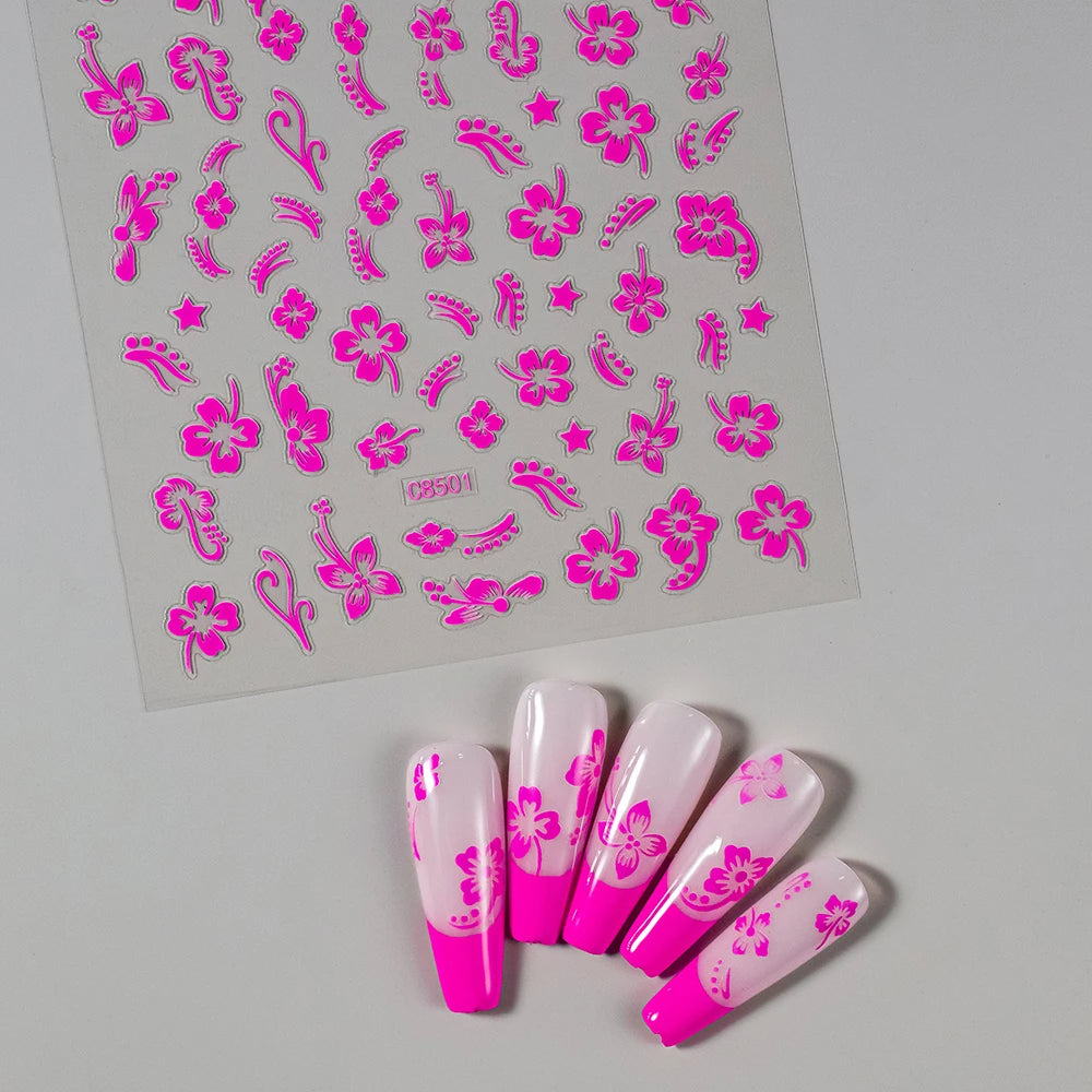 1/4/8 Stück 3D Hibiskus-Blumen Nagelaufkleber in Gemischten Farben Weiß Schwarz Rot Rosa Gold Silber Blühende Blütenblätter Selbstklebende Abziehbilder für Nägel