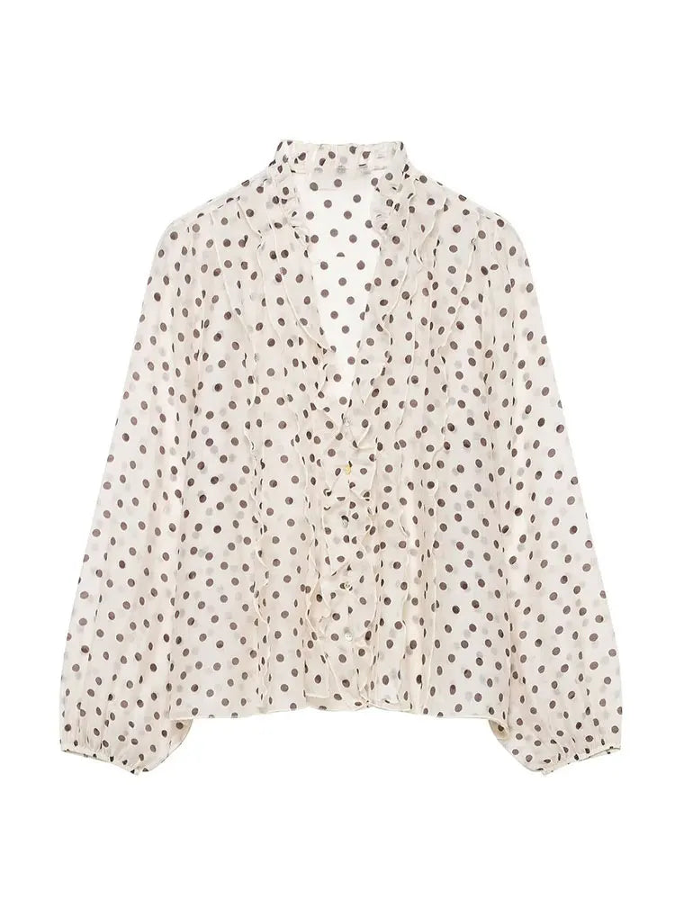 HH Damen Romantische V-Ausschnitt Polka Dot Bluse mit Puffärmeln, lässige einreihige elegante Party-Oberteile, Sommer Strand Urlaub Hemd