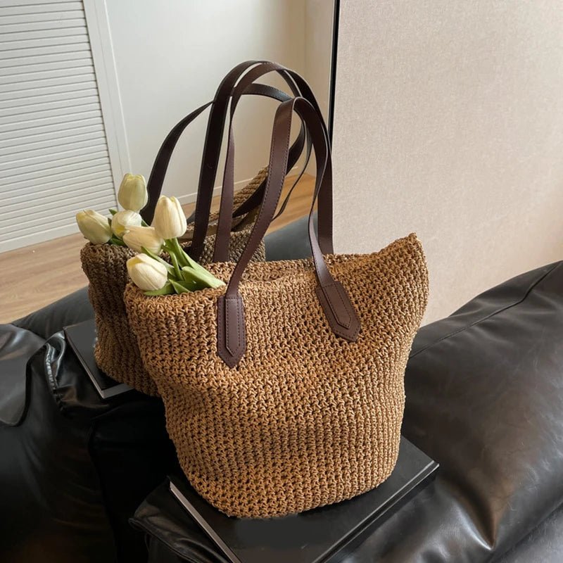 Frauen Umhängetasche Böhmischen Stroh Handtasche Sommer Strand Gewebte Unterarm Tasche Große Casual Gestrickte Tasche Häkeln Einkaufstasche