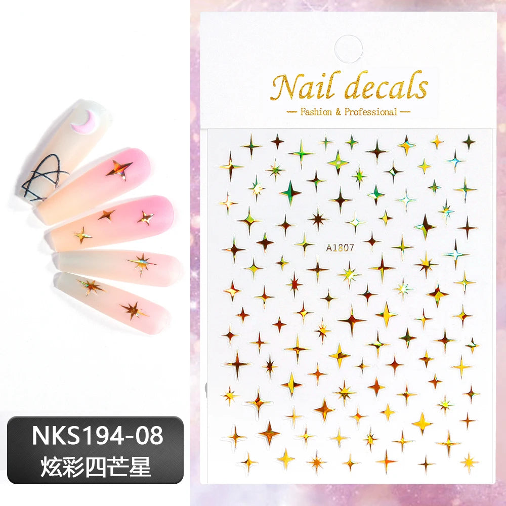 Vergoldete Stern und Mond Bronzing Nail Art Aufkleber hochwertige 3D Gold/Silber selbst klebende Slider DIY Nagel Aufkleber Dekoration 8*10cm