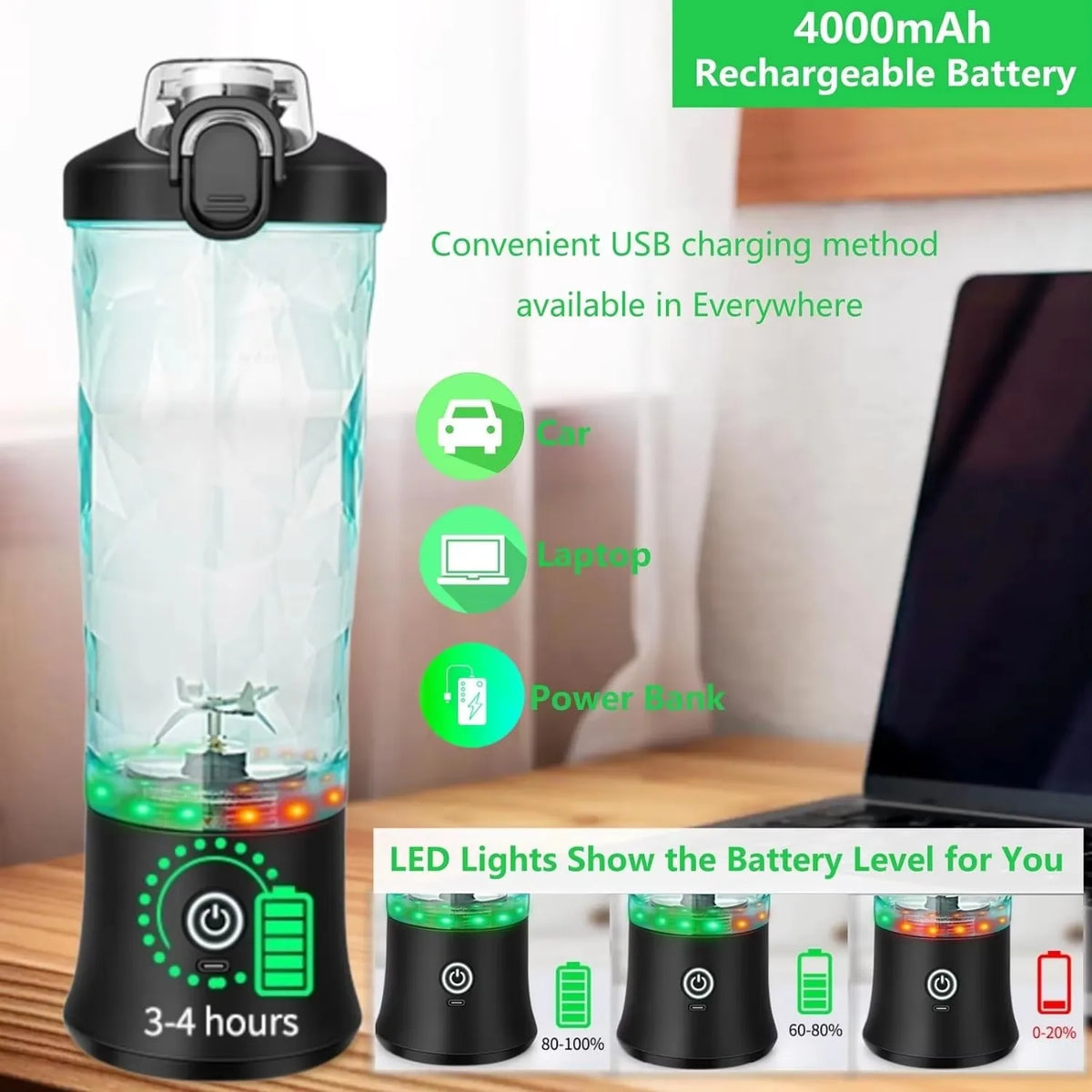 600 ml tragbarer Mini-Mixer, wiederaufladbarer kleiner Smoothie-Mixer über USB, Reise-Mixer mit großer Kapazität, tragbare Smoothies, Mischung aus Eis