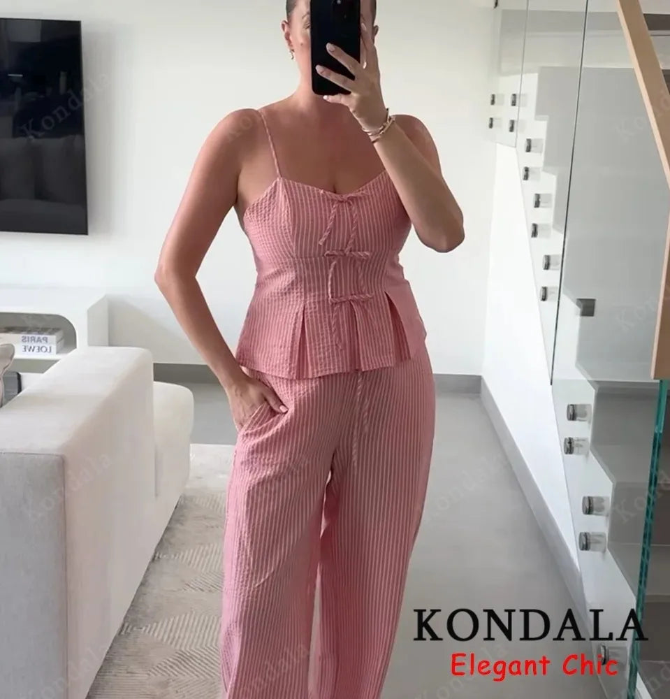 KONDALA Süßes rosa gestreiftes Neckholder-Set für Damen, schmales Hosenträger-Top oder Kordelzug-Hose, 2025, Sommermode, Urlaub, Damen-Hosen-Set