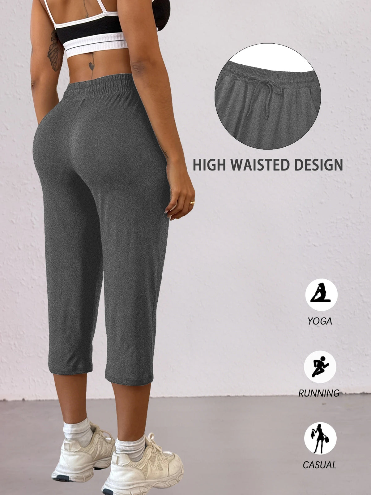 Damen Capri Yoga-Hose, locker geschnitten, weich, mit Kordelzug, Trainingshose, lässige Loungehose mit Taschen
