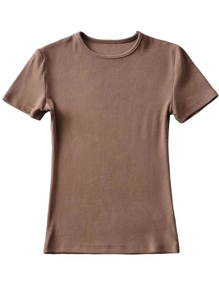 Casual Sommer Frau Skinny Fit T-shirt Enge Kurzhülse O-ansatz T Grundlegende Solide Crop Tops T Shirt