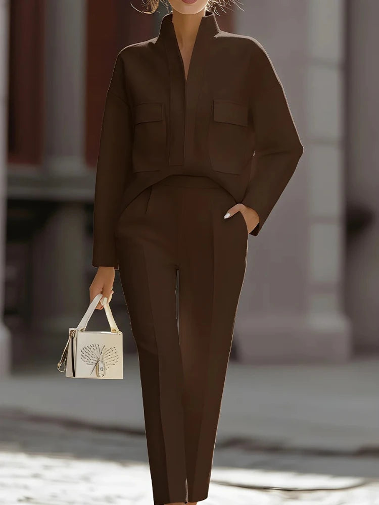 2026 Frühling Urban Commute Neuer Stil Modisch Elegant Vielseitig Langarm Revers Taschen Lässiger Anzug Blazer Damen Anzug-Set