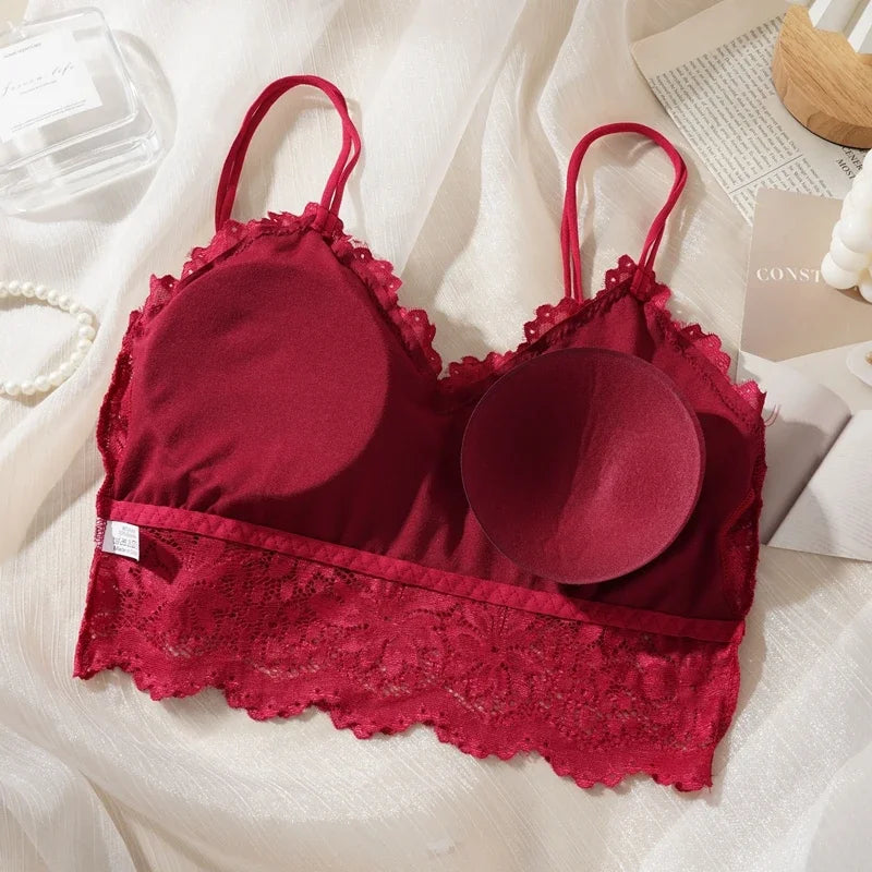 Damen Sexy Spitzen-BH-Set Einfarbiges Set Schöner Rückenausschnitt Ohne Stahlring Unterwäsche Mit Spitzenblumen Atmungsaktive Slips