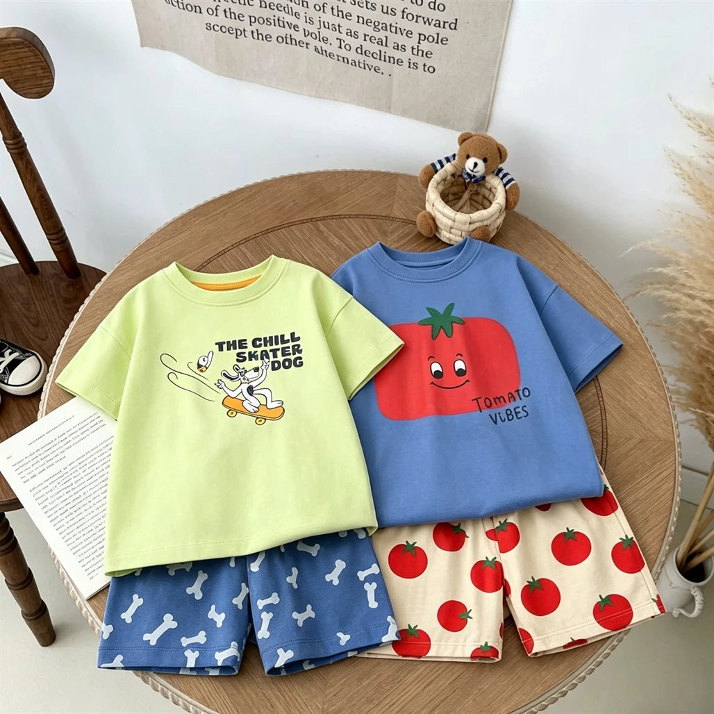 Niedliche Kinder-Outfits Neues Bedrucktes T-Shirt+Shorts Zweiteiler-Set Kinder-Sommerkleidung 2026 Cartoon-Tees Vielseitige Shorts-Kombination