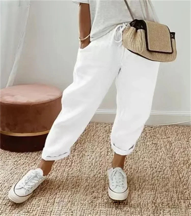 Einfarbig Kordelzug Elastische Taille Frauen Hosen Sommer Plus Größe Beiläufige Breite Bein Hosen Weibliche Lose Elegante Oversize Hosen