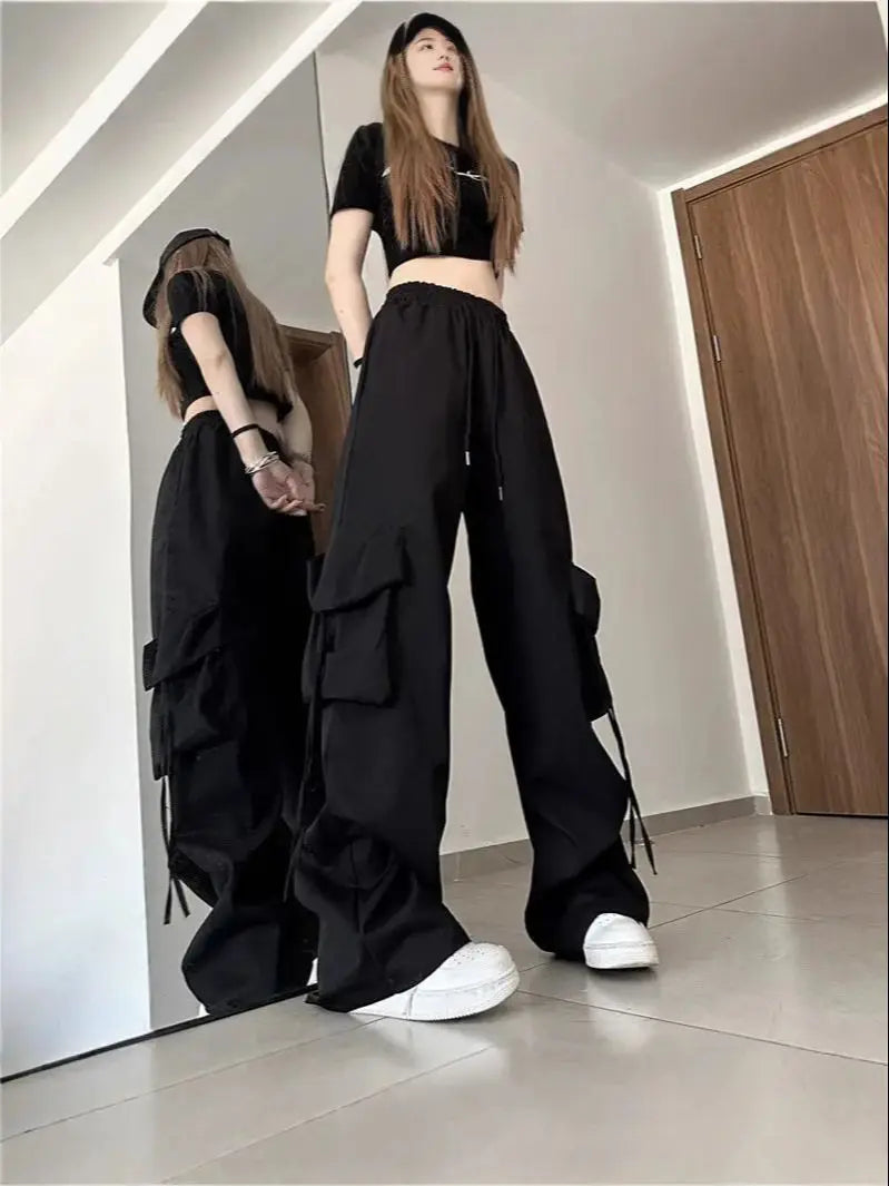 Frauen Y2K Cargo Hosen Hohe Taille Street Hip Hop Hosen Weibliche Große Taschen Casual Niedrigen Taille Kordelzug Baggy Jogginghose