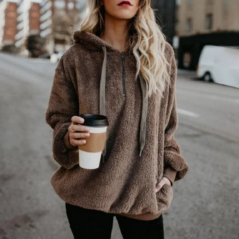 Modischer Trend, langärmelig, mit Kapuze, einfarbig, Damen-Pullover-Mantel