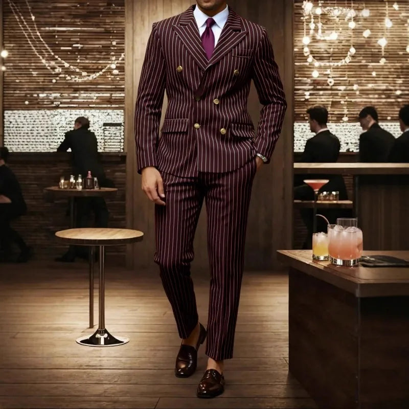 KIDWHXR Herren 2-teiliges Set Doppelreihiger Langarm-Blazer Gerade Geschnittene Hose Gestreifter Business-Hochzeits-Party-Anzug