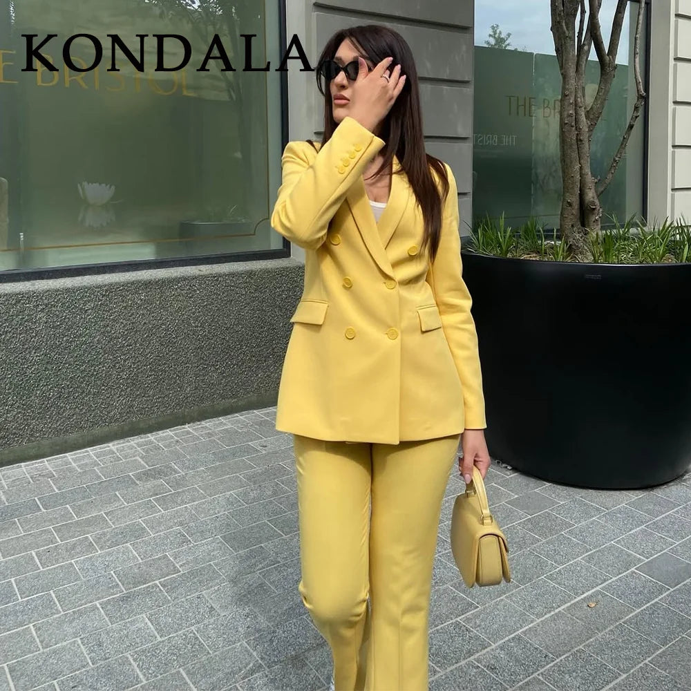 KONDALA 2025 Herbst Winter Butter Gelb Büro Dame Anzüge Mode Zweireiher Shrug Turndown Kragen Blazer Chic Feste Hosen