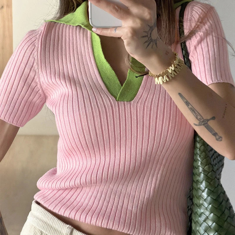 Gestricktes Kurzarm-T-Shirt für Damen mit Kontrastfarben, Schlankem Polokragen, Lässiger Pullover, Sommermode Damen Strick-T-Shirt 2026 Neu