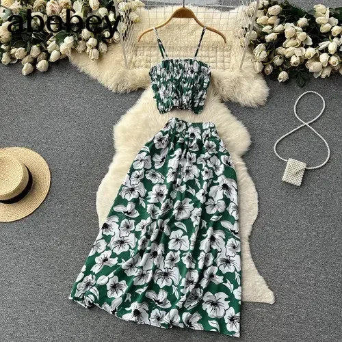 2026 Urlaubs-Blumendruck, zweiteilige Anzüge, Reißverschluss-Design, schmales Tank-Top + A-Linie, langer Rock, Vintage-Böhmische Strand-Sets