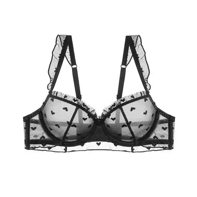 YUQI Französisches Dienstmädchen-Dessous-Set, sexy Spitzenunterwäsche, herzförmiger Push-up-BH mit Stahlringen, Anti-Durchhang-Büstenunterstützung für Damen