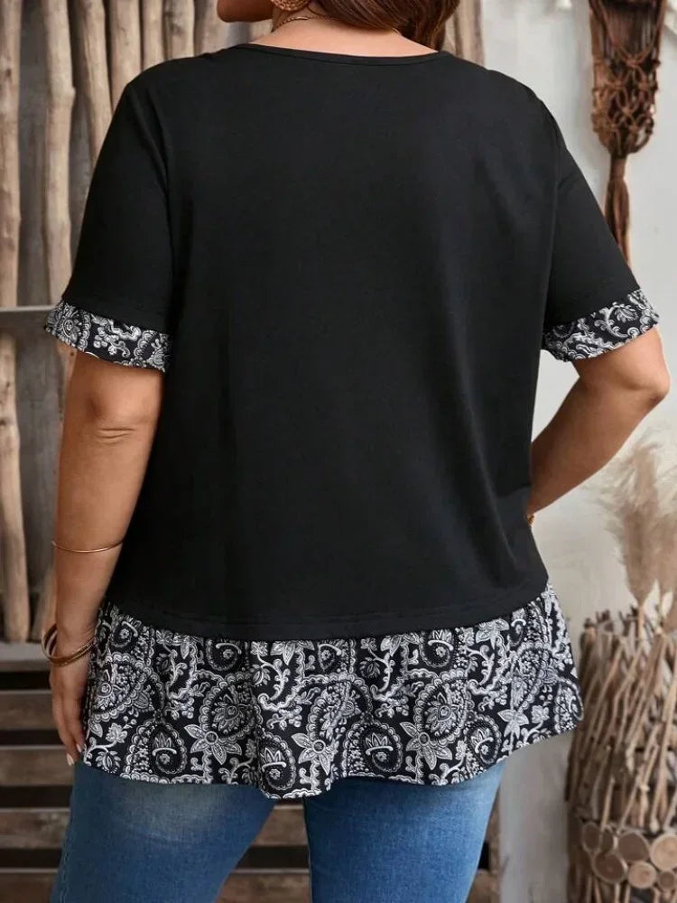Plus Größe frauen Shirts 2025, Weibliche Mode Neue Sommer Klassische Beiläufige Lose Blusen Kurzarm O Neck Elegante Druck tops
