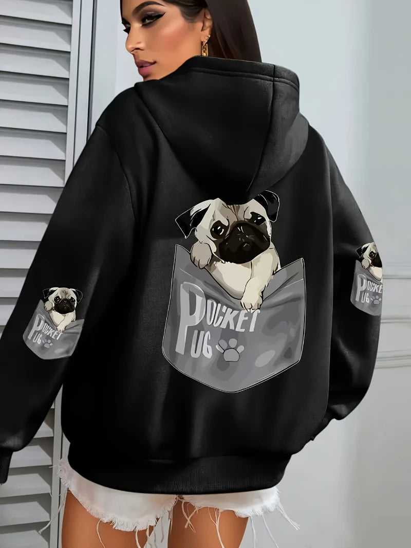 Tasche Mops Hoodies Frauen Cartoons hund Drucke Mit Kapuze Lose Taschen Sweatshirts Winter Fleece Warme Tops Straße Schwarz Frau Kleidung