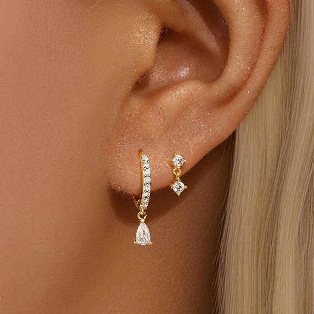 3PCS Neue Ankunft Französisch Design Edelstahl Kristall Mode Baumeln Ohrring Set Für Frauen Zirkon Anhänger Piercing Schmuck
