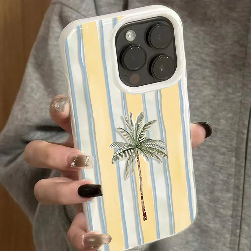 Niedliche gestreifte Palmen-Handyhülle für iPhone 11 12 13 14 Pro 15 16 Plus 17 Pro Max 17 Air 16E – Sommer-Strand-Soft-Schutzhülle stoßfest