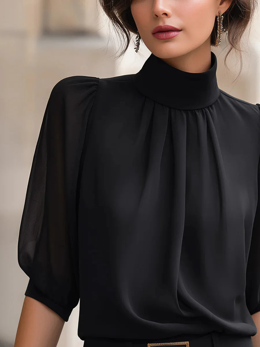 Hochgeschlossene Chiffon-Bluse mit geraffter Vorderseite und Puffärmeln, elegantes Büro- und Pendler-Outfit, locker sitzendes Damen-Oberteil